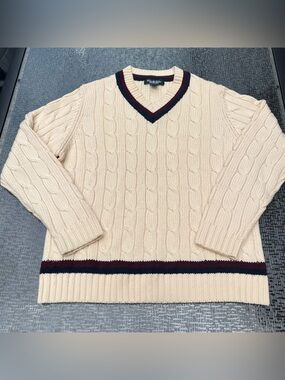 Brooks Brothers Country Club Mens Merino Wool Cableknit V-Neck Sweater XL Tennis